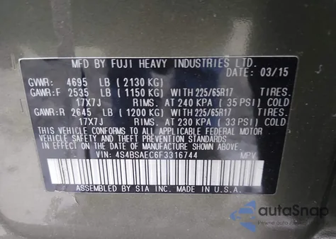 2015 Subaru Outback 2.5I Premium z USA, uszkodzony, nr VIN 4S4BSAEC6F3316744